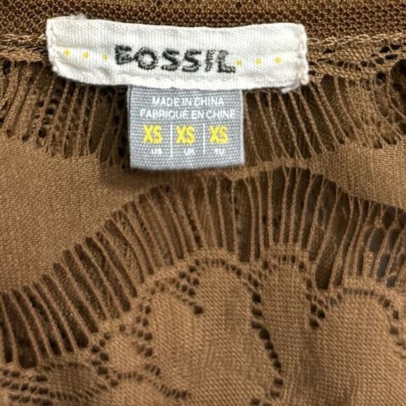 Fossil Top Shirt Women's XS Brown Featherweight Chic Floral Lace Sheer Popover - Picture 5 of 8